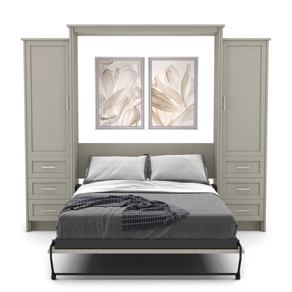 Murphy Door® wall bed system with gray cabinet towers, white bedding, and floral artwork above the queen mattress.