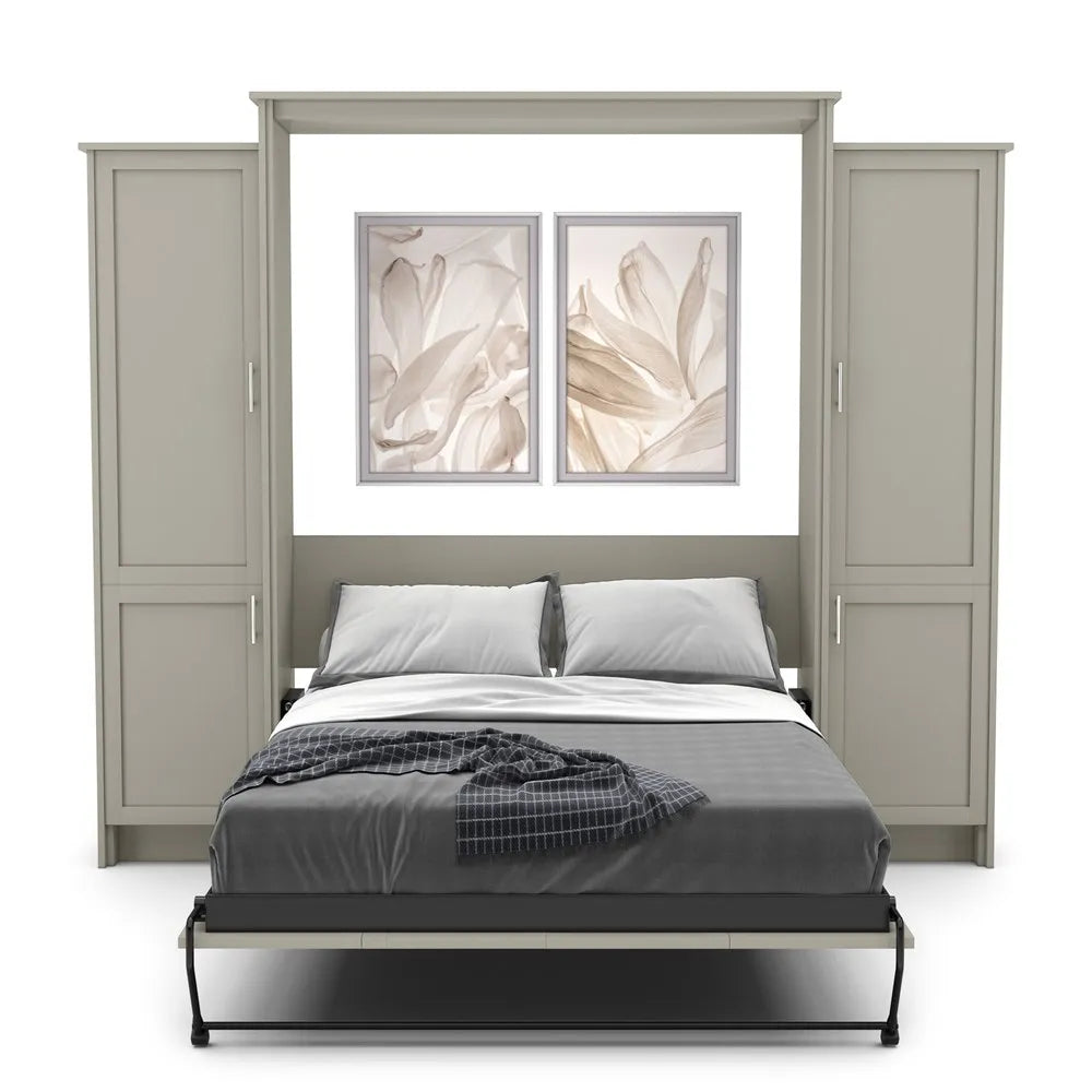 Murphy Door® wall bed with grey frame, built-in storage cabinets, and floral artwork above a modern bed with grey bedding.