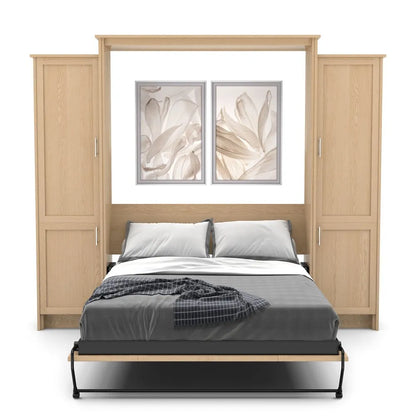 Murphy Door® wall bed with light oak frame, gray bedding, white pillows, and floral artwork above the headboard.