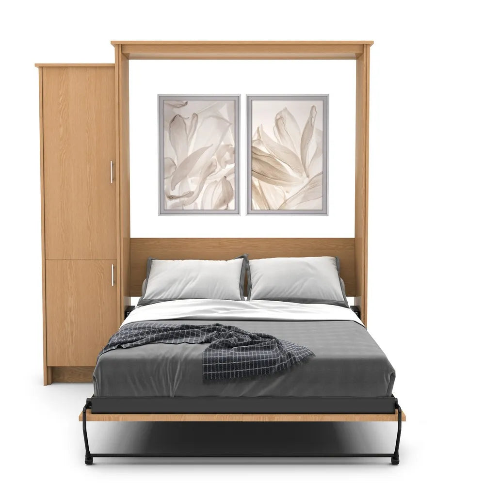 Murphy Door® wall bed with light oak frame, gray bedding, side storage cabinet, and decorative floral artwork above headboard.