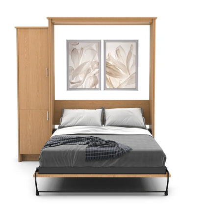 Murphy Door® wall bed with light oak frame, gray bedding, side storage cabinet, and decorative floral artwork above headboard.