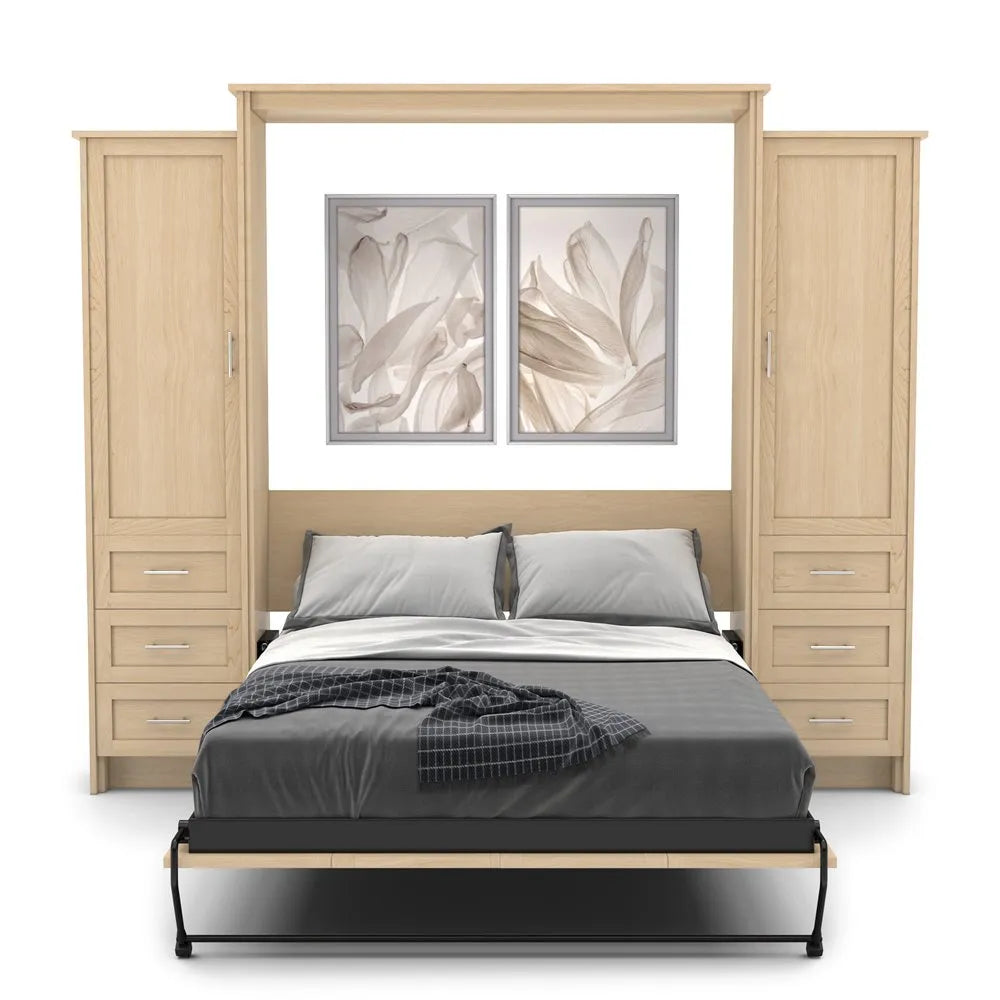 Murphy Door® wall bed with light wood frame, built-in storage cabinets, gray bedding, and floral artwork above.