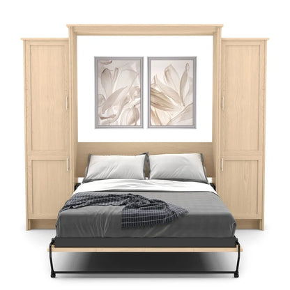 Murphy Door® wall bed with light wood frame, dual storage cabinets, and gray bedding beneath elegant floral artwork.