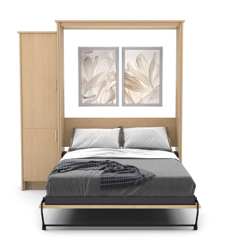 Murphy Door® wall bed with light wood frame, built-in cabinet, grey bedding, and dual floral artwork above headboard.