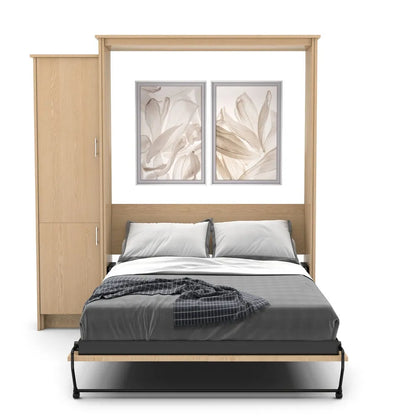 Murphy Door® wall bed with light wood frame, built-in cabinet, grey bedding, and dual floral artwork above headboard.