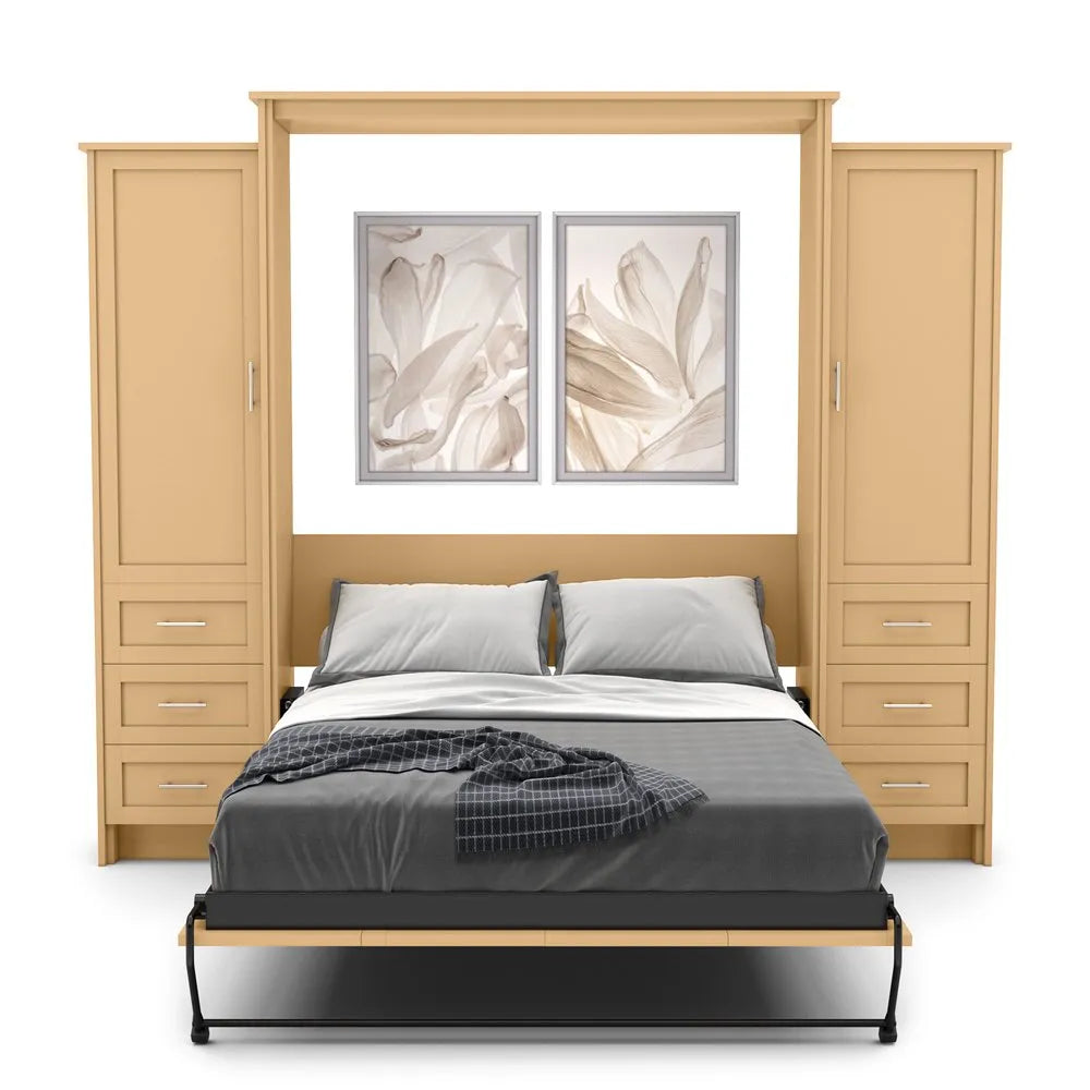 Murphy Door® wall bed with light wood frame, gray bedding, side storage cabinets, and floral artwork above.