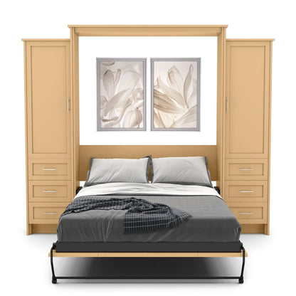 Murphy Door® wall bed with light wood frame, gray bedding, side storage cabinets, and floral artwork above.