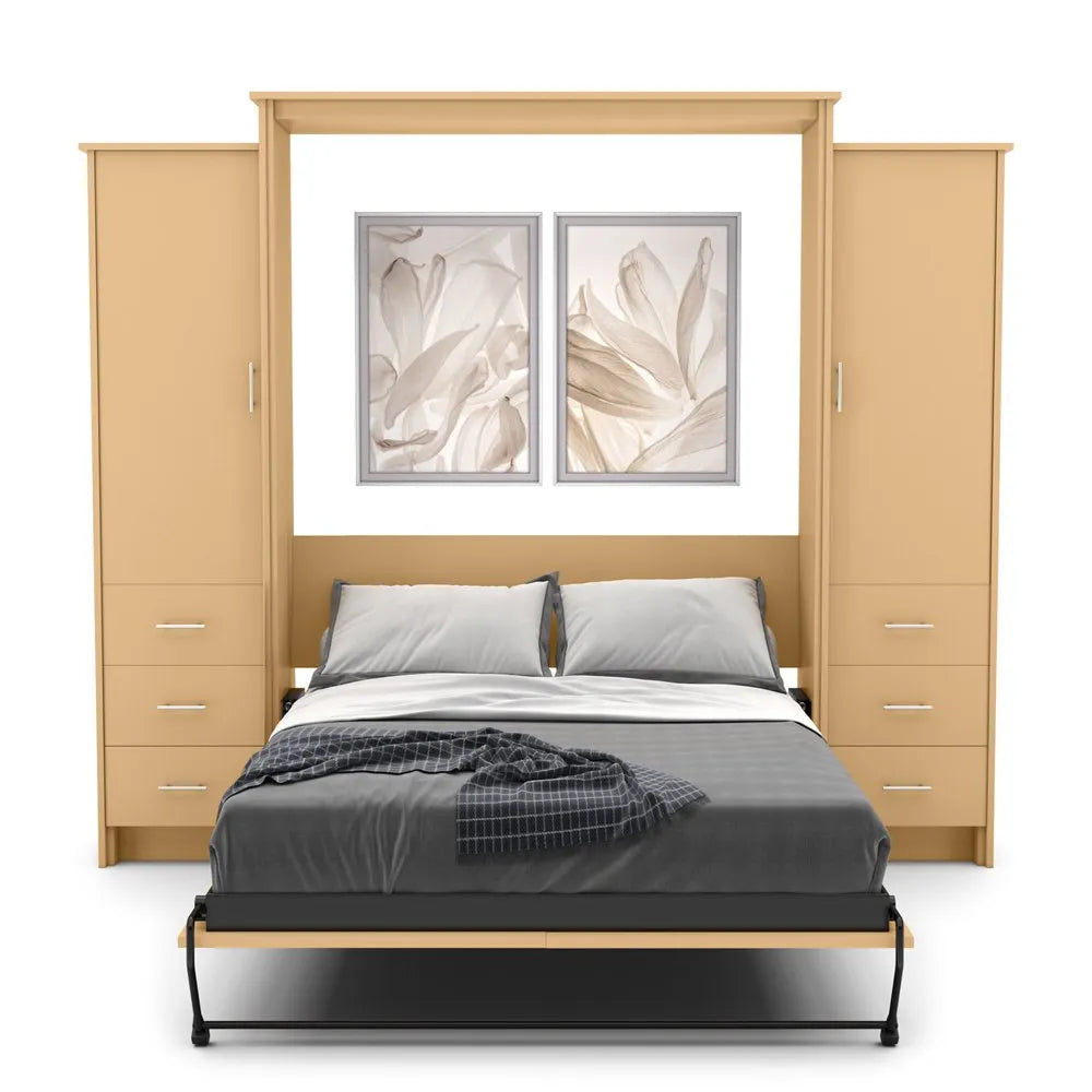 Murphy Door® wall bed with light wood frame, built-in storage cabinets, gray bedding, and decorative floral artwork above.