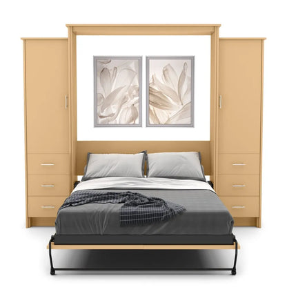 Murphy Door® wall bed with light wood frame, built-in storage cabinets, gray bedding, and decorative floral artwork above.