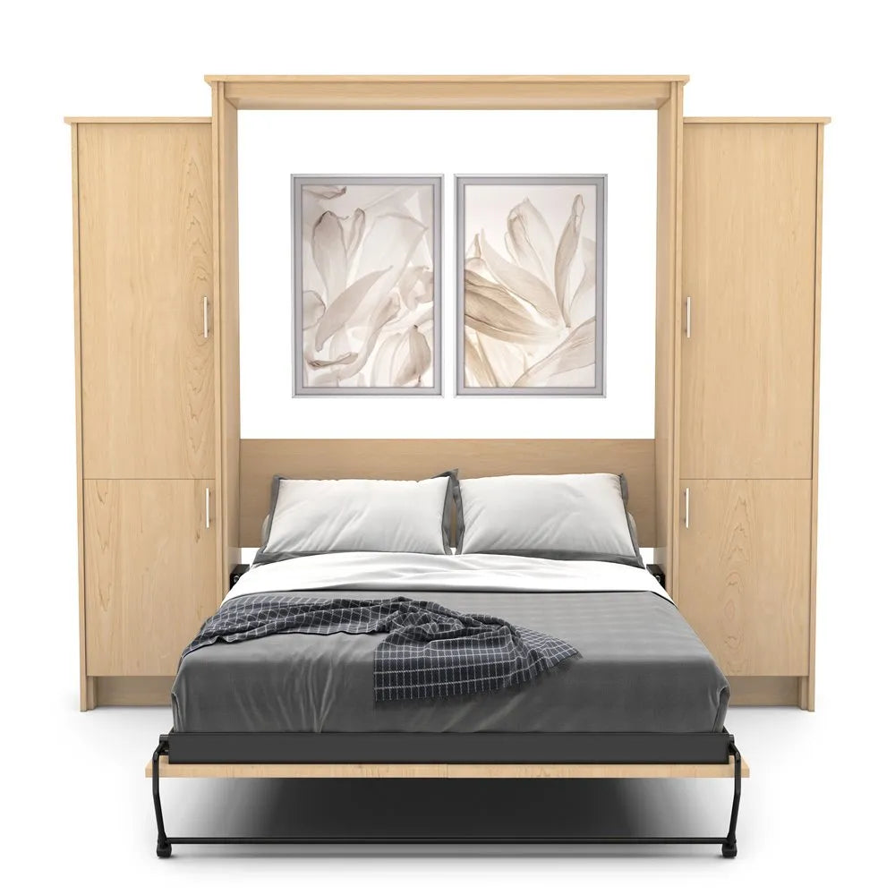 Murphy Door® wall bed with light wood frame, gray bedding, white pillows, and decorative floral artwork above the headboard.