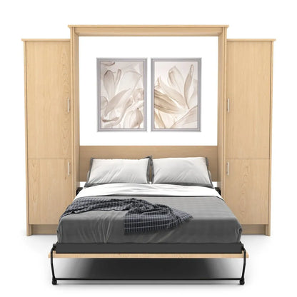 Murphy Door® wall bed with light wood frame, gray bedding, white pillows, and decorative floral artwork above the headboard.