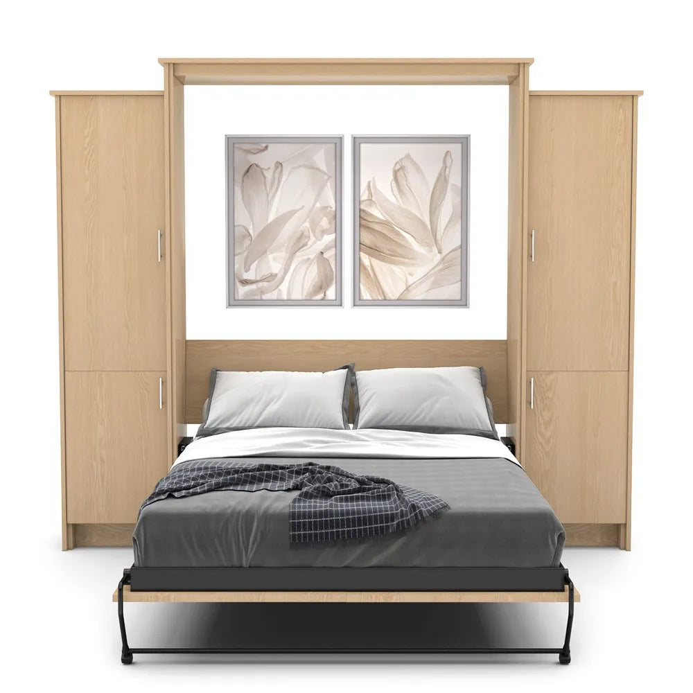 Murphy Door® wall bed unit with light wood finish, grey bedding, twin storage cabinets, and botanical artwork above headboard.