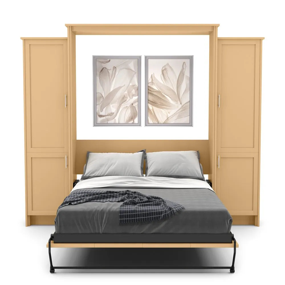 Murphy Door® wall bed system with light wood frame, grey bedding, dual storage cabinets, and floral artwork above.