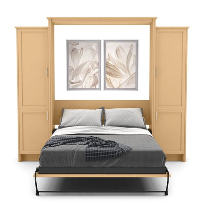 Murphy Door® wall bed system with light wood frame, grey bedding, dual storage cabinets, and floral artwork above.