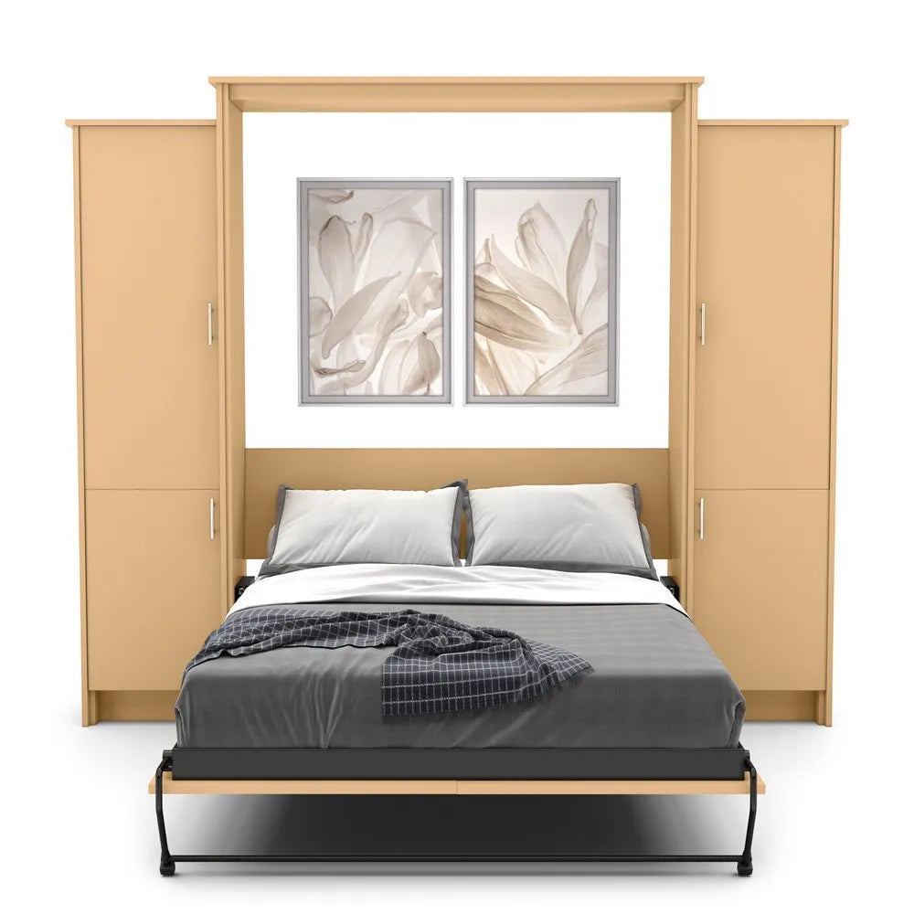 Murphy Door® wall bed system with light wood frame, built-in side cabinets, gray bedding, and decorative floral artwork above.