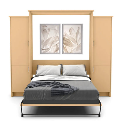 Murphy Door® wall bed system with light wood frame, built-in side cabinets, gray bedding, and decorative floral artwork above.