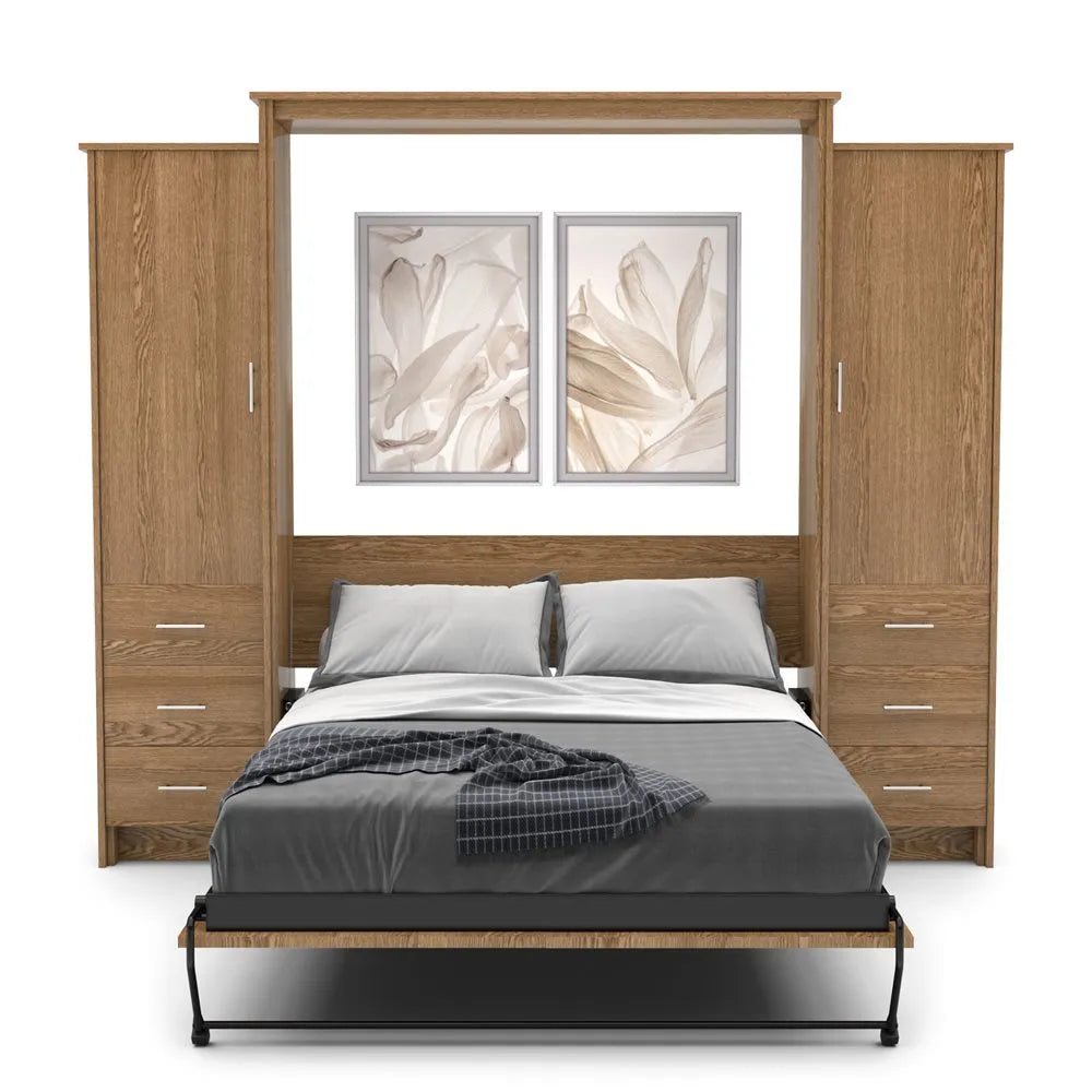 Murphy Door® wall bed with oak frame, storage cabinets, and art display featuring soft gray bedding and floral artwork.