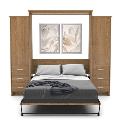 Murphy Door® wall bed with oak frame, storage cabinets, and art display featuring soft gray bedding and floral artwork.