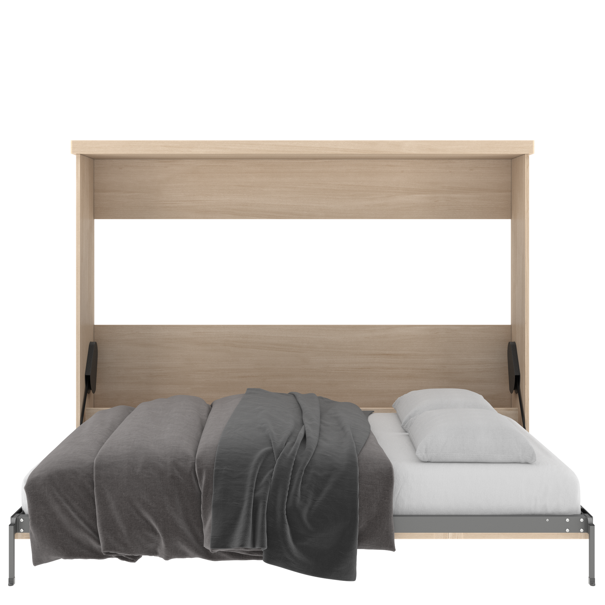 Murphy Door® light wood wall bed, open, dark grey blanket, light grey pillow, and grey metal bed frame.