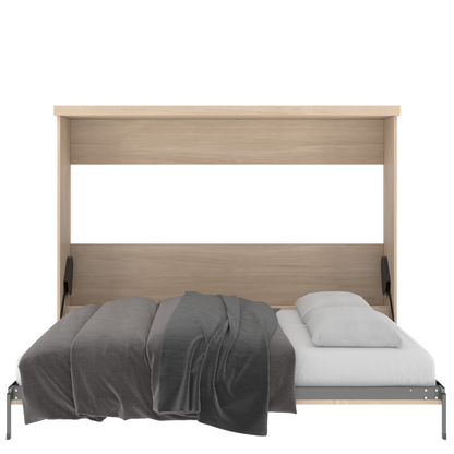 Murphy Door® light wood wall bed, open, dark grey blanket, light grey pillow, and grey metal bed frame.