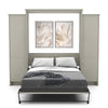 Murphy Door® wall bed with sage green cabinets, white/gray bedding, and dual floral artwork above the platform frame.
