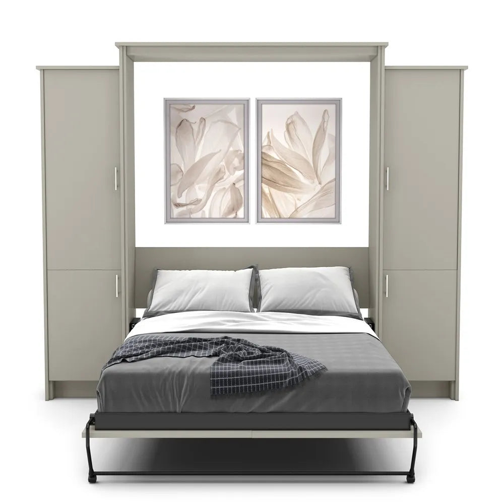 Murphy Door® wall bed with sage green cabinets, white/gray bedding, and dual floral artwork above the platform frame.