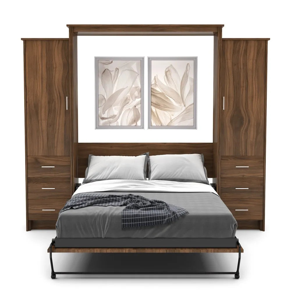 Murphy Door® wall bed with walnut finish, built-in cabinets, gray bedding, and decorative floral artwork.