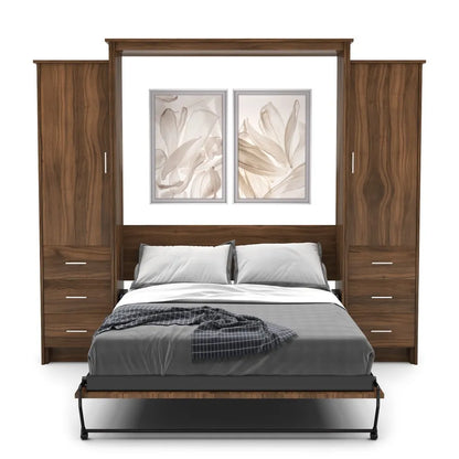 Murphy Door® wall bed with walnut finish, built-in cabinets, gray bedding, and decorative floral artwork.