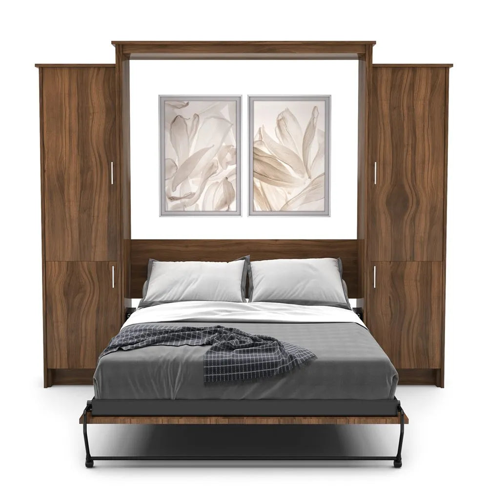 Murphy Door® wall bed with walnut frame, built-in storage cabinets, gray bedding, and decorative floral artwork above the headboard.