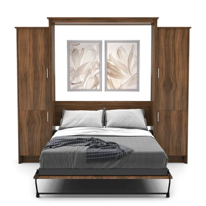 Murphy Door® wall bed with walnut frame, built-in storage cabinets, gray bedding, and decorative floral artwork above the headboard.