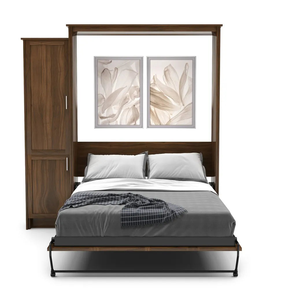 Murphy Door® wall bed with walnut wood frame, built-in storage cabinet, and floral artwork displayed above gray bedding.