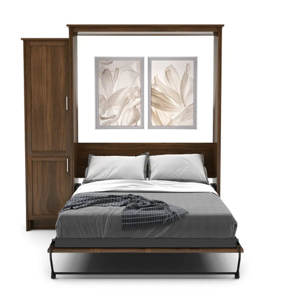 Murphy Door® wall bed with walnut wood frame, built-in storage cabinet, and floral artwork displayed above gray bedding.
