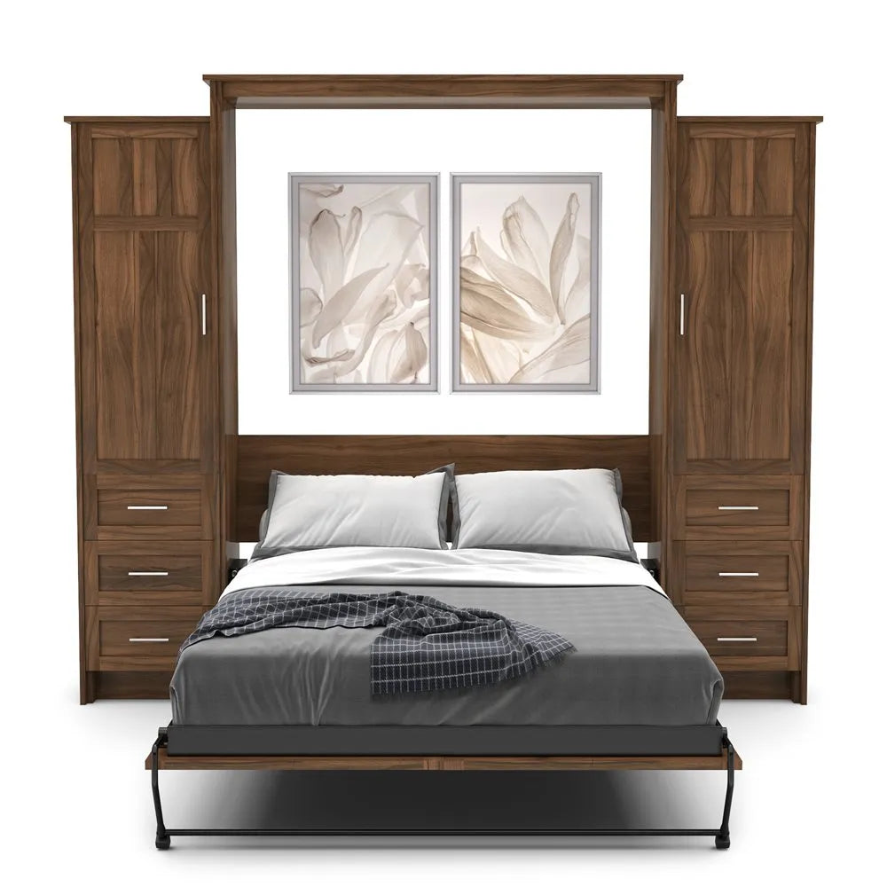 Murphy Door® wall bed with rich walnut frame, built-in storage cabinets, and decorative floral artwork above white and gray bedding.