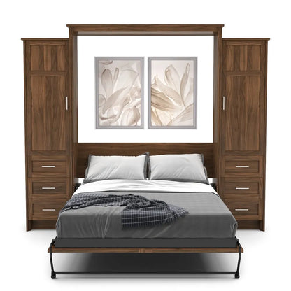 Murphy Door® wall bed with rich walnut frame, built-in storage cabinets, and decorative floral artwork above white and gray bedding.