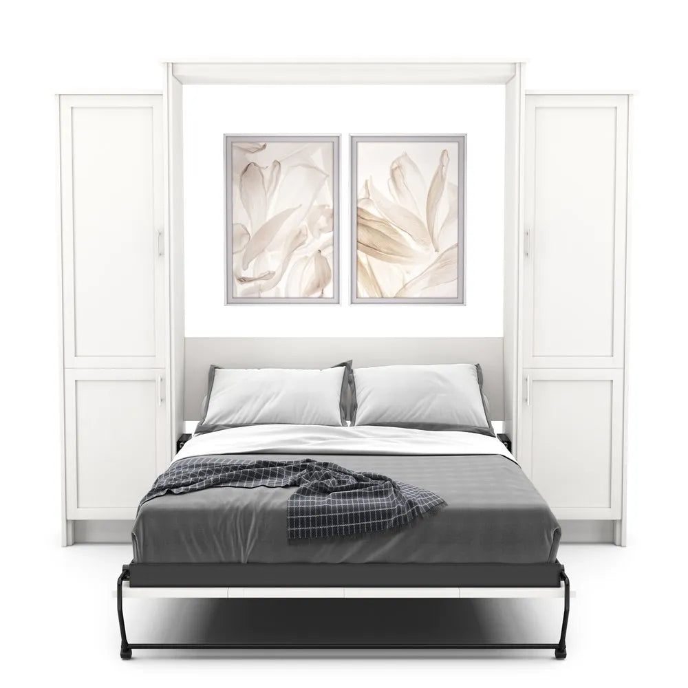 Murphy Door® wall bed with sleek white frame, built-in storage cabinets, gray bedding, and floral artwork above.