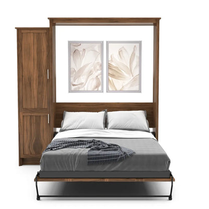 Murphy Door® wall bed with wooden frame, gray bedding, built-in cabinet, and floral artwork above headboard.