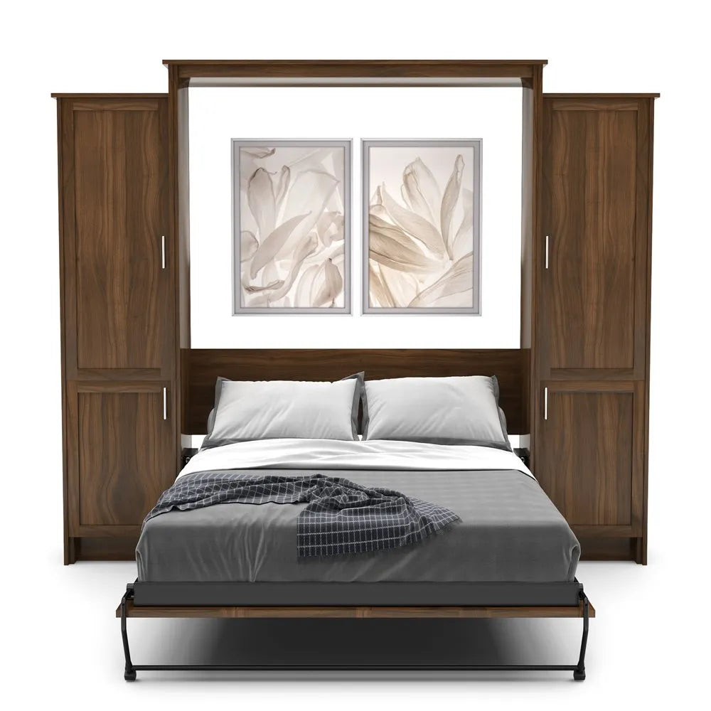 Murphy Door® wall bed with wooden frame, side storage cabinets, and elegant white floral artwork above gray bedding.