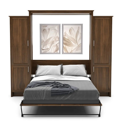 Murphy Door® wall bed with wooden frame, side storage cabinets, and elegant white floral artwork above gray bedding.