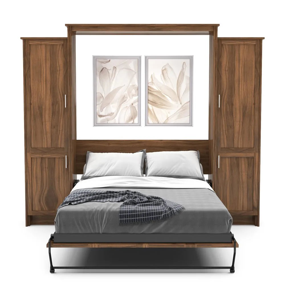 Murphy Door® wall bed with wooden frame, built-in storage cabinets, gray bedding, and floral artwork above the headboard.