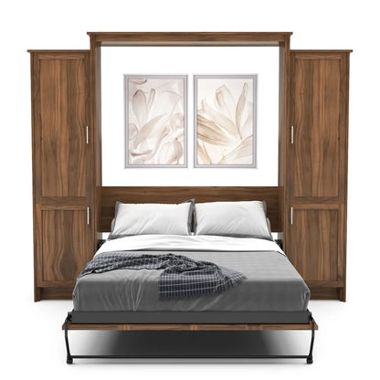 Murphy Door® wall bed with wooden frame, built-in storage cabinets, gray bedding, and floral artwork above the headboard.