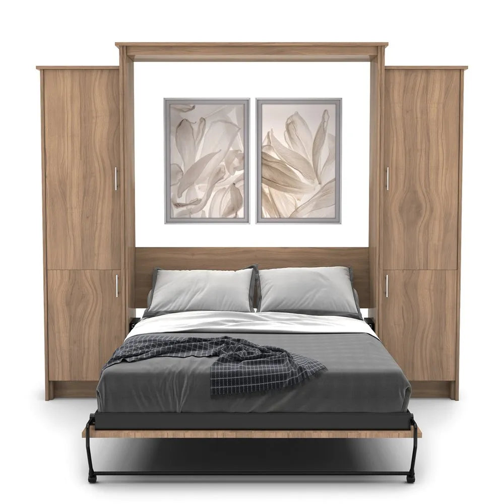 Murphy Door® wall bed with wooden frame, built-in storage cabinets, gray bedding, and floral artwork above the headboard.