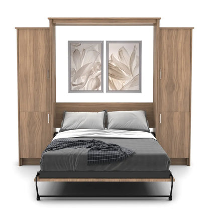 Murphy Door® wall bed with wooden frame, built-in storage cabinets, gray bedding, and floral artwork above the headboard.