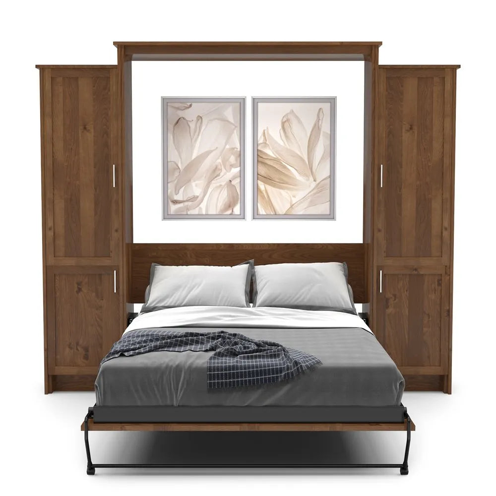 Murphy Door® wall bed with wooden frame, built-in storage cabinets, gray bedding, and floral artwork above headboard.