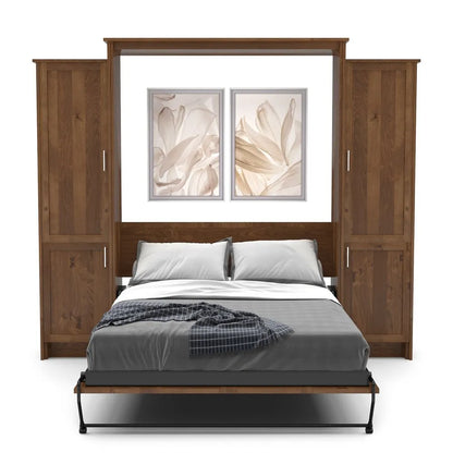 Murphy Door® wall bed with wooden frame, built-in storage cabinets, gray bedding, and floral artwork above headboard.