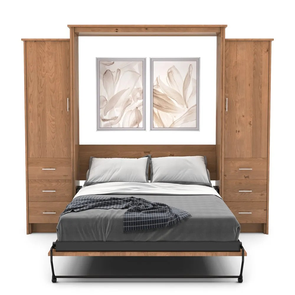 Murphy Door® wall bed with wooden frame, built-in storage cabinets, grey bedding, and floral artwork above headboard.