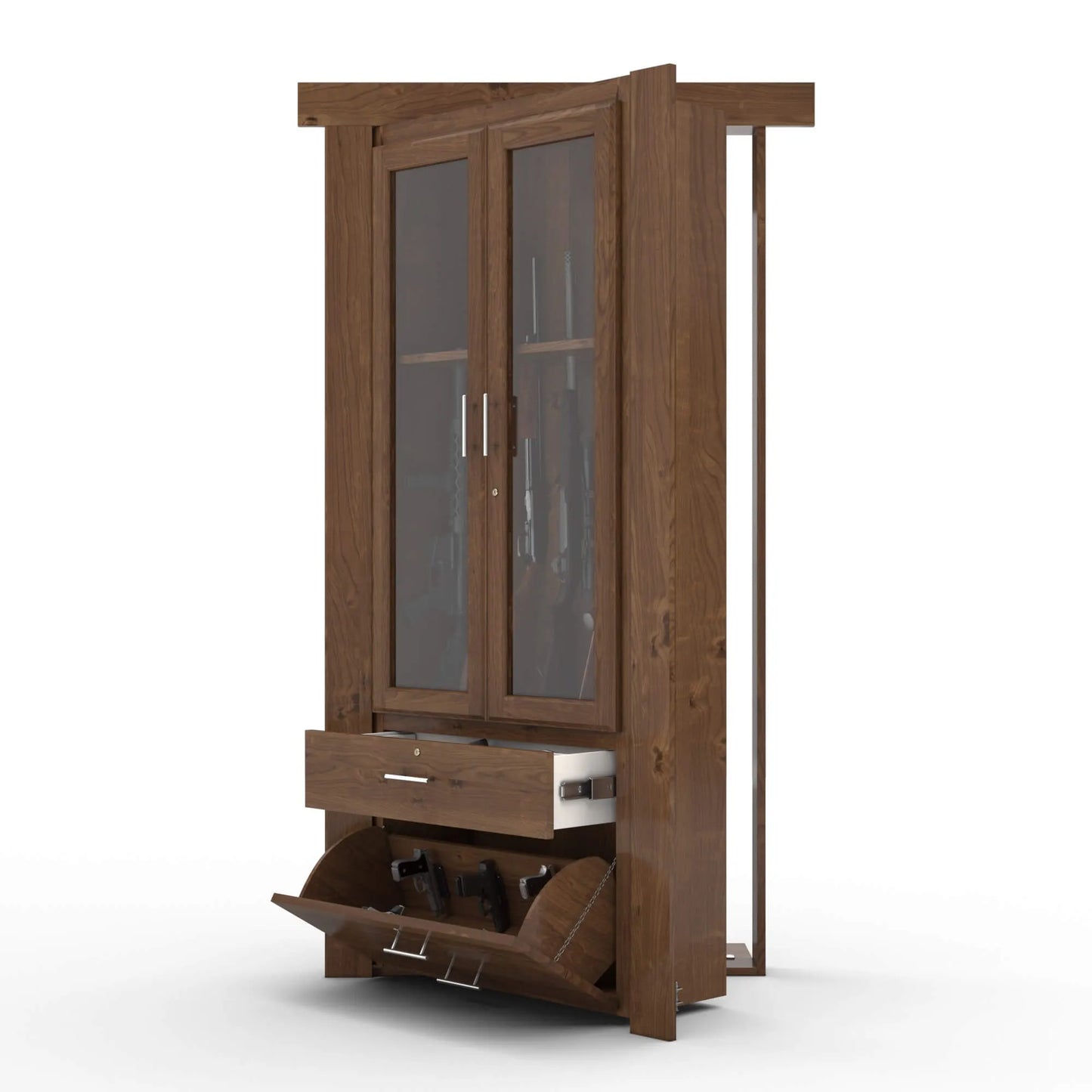 Murphy Door® wooden gun cabinet with glass doors, pull-out drawer, and tilting compartment in rich walnut finish.
