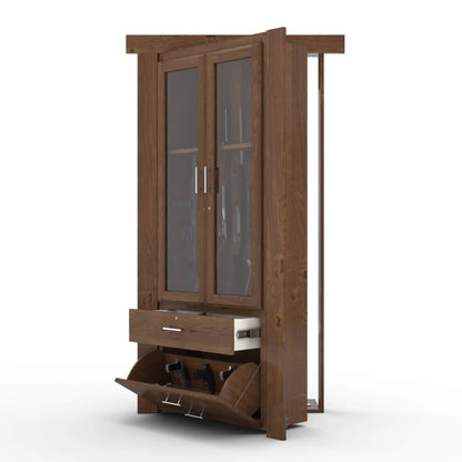 Murphy Door® wooden gun cabinet with glass doors, pull-out drawer, and tilting compartment in rich walnut finish.