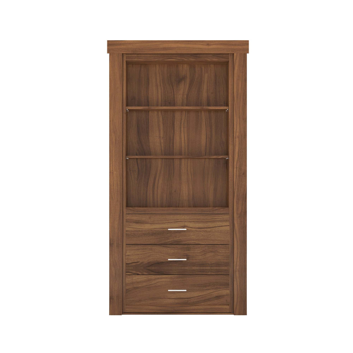 Murphy Door® walnut wood hidden storage bookshelf with two open shelves and three drawers.
