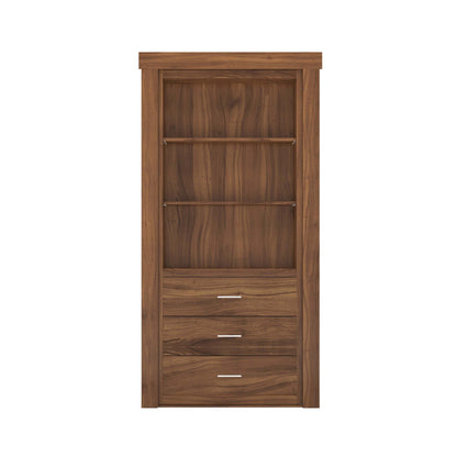 Murphy Door® walnut wood hidden storage bookshelf with two open shelves and three drawers.