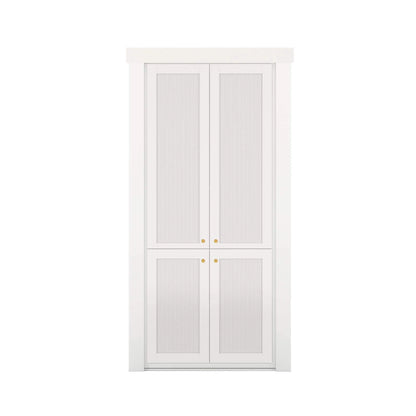 Murphy Door® white bi-fold cabinet door with textured panels and gold knobs, offering hidden storage with elegant design.